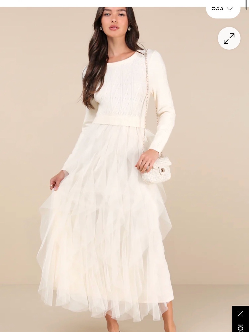 Lulu's Cream Cable Knit Top with Layered Tulle Maxi Skirt Dress - Picture 8 of 10